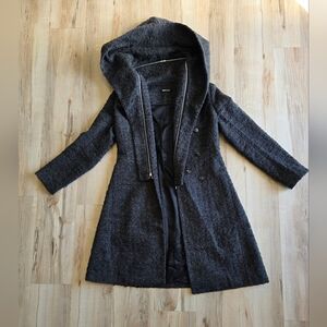 Womens Dark Grey Hooded Wool Blend Trench Pea Coat Sz L Even Penniless